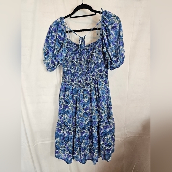 Lumiere Size Large Blue & Purple Floral Mini Dress with Statement Sleeves - Picture 5 of 8